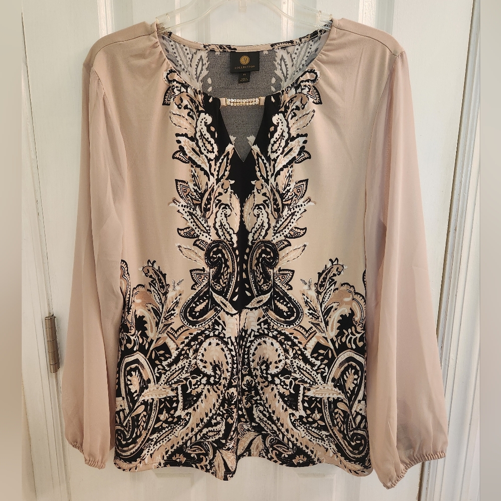 NWOT Pattern Blouse with Sheer Long-Sleeves